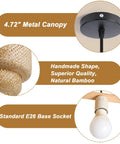 Features of Hand Woven Rattan Pendant Light Fixture For Kitchen Island And Dining Areas: 4.72" metal canopy, bamboo weave, E26 socket.