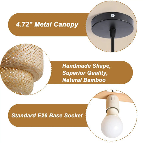 Features of Hand Woven Rattan Pendant Light Fixture For Kitchen Island And Dining Areas: 4.72" metal canopy, bamboo weave, E26 socket.