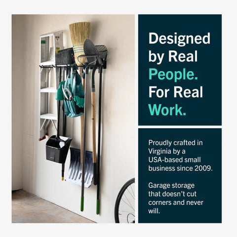 36-Inch Garage Tool Organizer Wall Mount Heavy Duty Steel Rack With Four PVC Coated Hooks 250 Lb Capacity Perfect Garden Tool Storage For Rakes Shovels And Yard Tools, installed in a garage with tools hanging including brooms and shovels.