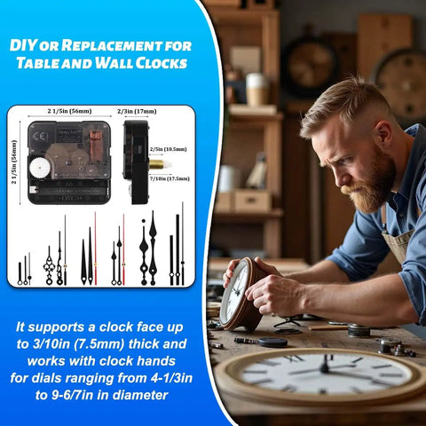Diagram and man assembling clock with Two Pack Non Ticking Clock Movements With Six Styles Clock Hands Of Different Sizes