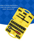 Heavy Duty Socket Set With One Half Inch Ratchet Drive And Eight To Thirty Two Millimeter Sockets Beefed Up Repair Tool Kit For Car Maintenance And Home Workshop Use, yellow case open