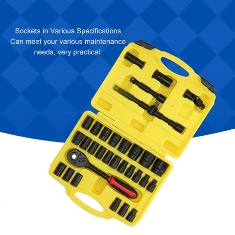Heavy Duty Socket Set With One Half Inch Ratchet Drive And Eight To Thirty Two Millimeter Sockets Beefed Up Repair Tool Kit For Car Maintenance And Home Workshop Use, yellow case open