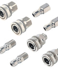 Eight stainless steel 3/8-inch quick-connect pressure washer fittings with male and female threads.