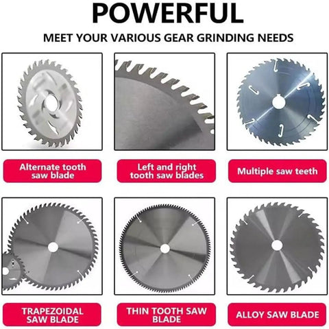 Top Shelf 550W Electric Circular Saw Blade Sharpener With Waterproof Switch And Bullseye Alignment Dial for various saw blades display.