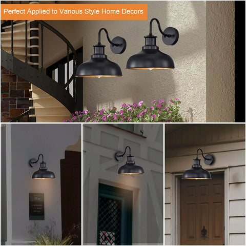 Gooseneck Barn Light Outdoor Wall Sconce Rustic Industrial Exterior Lighting Black Lantern With Gold Interior in various settings