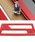 Zero Mess Cabinet Door Flush Mount Template Aluminum Alloy Slotting Guide Set Includes Semi Circular Router Bit close-up of red metal guide and router bit.