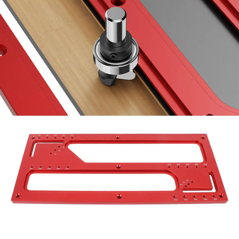 Zero Mess Cabinet Door Flush Mount Template Aluminum Alloy Slotting Guide Set Includes Semi Circular Router Bit close-up of red metal guide and router bit.