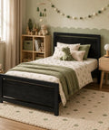 Stylish Twin Bed Frame With Rustic Wood Headboard, Heavy Duty Metal Platform Base Gives Dream Sleep Vibes in cozy children's room.