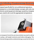 Close-up of No Sweat 3D Filament Extruder Machine showing transparent funnel and minimalist design for safety in use.