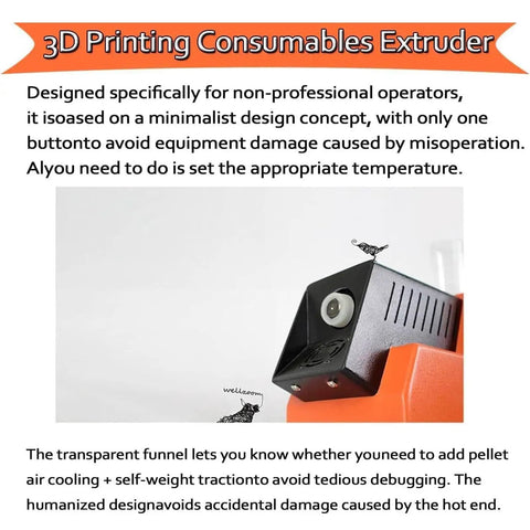 Close-up of No Sweat 3D Filament Extruder Machine showing transparent funnel and minimalist design for safety in use.