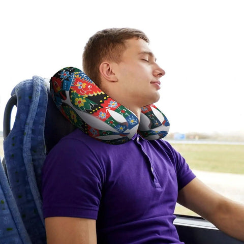 Man using U Shaped Travel Neck Pillow For Long Haul Flights, Super Comfy Ergonomic Head And Neck Support, Contoured Sides Prevent Slumping