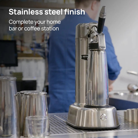 Top Shelf Electric Nitro Cold Brew Coffee And Cocktail Brewer For Casual Home Mixologists with stainless steel finish on bar counter.