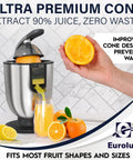 Eurolux Premium Electric Orange Juicer Featuring 160W High-Torque Motor For Commercial-Grade Citrus Squeezing Power with stainless steel construction.