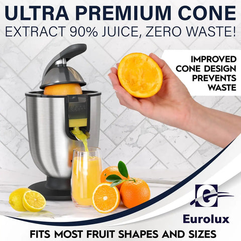 Eurolux Premium Electric Orange Juicer Featuring 160W High-Torque Motor For Commercial-Grade Citrus Squeezing Power with stainless steel construction.