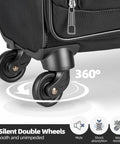 Close-up of 360-degree spinner wheels on lightweight 20 inch carry on luggage with wheels airline approved softside suitcase TSA lock.