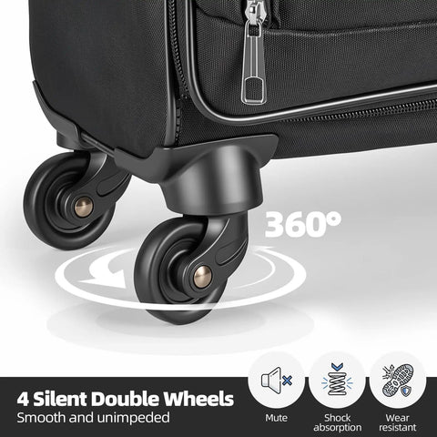 Close-up of 360-degree spinner wheels on lightweight 20 inch carry on luggage with wheels airline approved softside suitcase TSA lock.