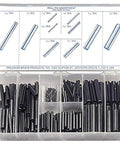 300 Piece Spring Steel Slotted Pin Assortment With Case In Inch Sizes Plain Finish Durable Flexible Pins for various projects.