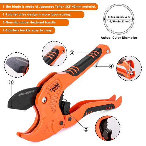 One Hand Ratchet Pipe Cutter Set 1 5 8 in OD and PEX Straight Cutters 1 3 8 in OD 2 Pack Fast Pipe Cutting Tools diagram