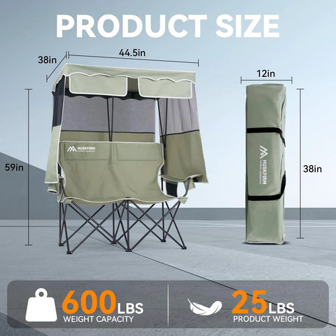 Double Camping Chair With Shade Canopy For Two People Folding Beach Chair Portable Heavy Duty Outdoor Chair in folded and open views