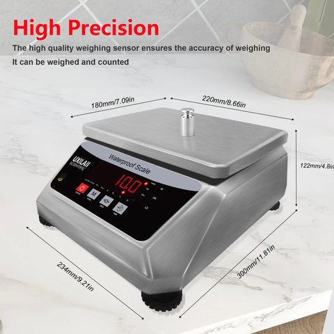High precision waterproof digital kitchen scale with large stainless steel pan, 66 lb capacity, commercial grade accuracy