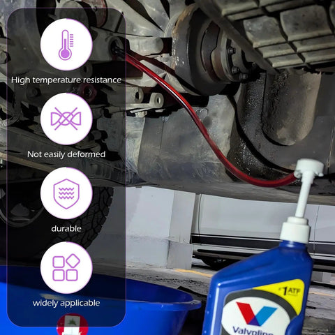 Heavy Duty Manual Transmission Fluid Pump Kit For Fast Gear Oil Exchange and Brake Bleeding, shown with durable red tubing under vehicle.