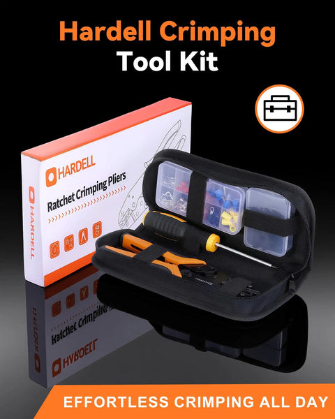 Heavy Duty Wire Crimping Tool For Heat Shrink AWG22 To 10 With 90 Piece Electrical Connectors Kit And Slick Portable Case in a sleek black carrying case.