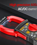 Close-up of All-In-One Digital Clamp Meter Multimeter For AC And DC Current And Voltage NCV Capacitance Resistance
