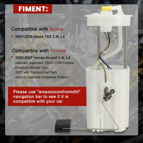 Electric Fuel Pump Module Assembly Sending Unit Direct Fit Replacement For Acura TSX 2004 2008 And Honda Accord 2003 2007 2 4L L4 Replaces FG0913 SP8002M 2202 425077 Plug And Play Easy Install shown with features and fitment details