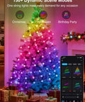 Lit 32 8Ft RGB Fairy Lights With 66 Acrylic Star LEDs on Christmas tree, controlled via app, showcasing 16 million colors.