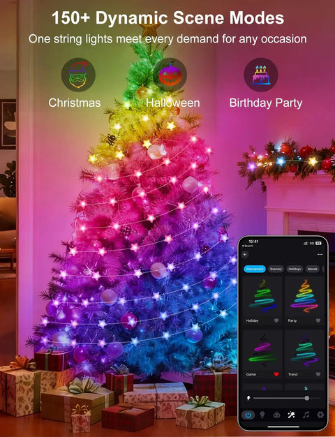 Lit 32 8Ft RGB Fairy Lights With 66 Acrylic Star LEDs on Christmas tree, controlled via app, showcasing 16 million colors.