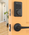 Electronic Keypad Deadbolt For Beefing Up Your Home Security With 50 User Codes And Anti-Peep installed on wooden door