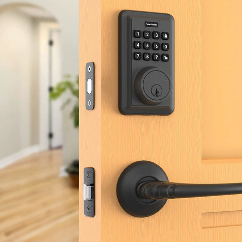 Electronic Keypad Deadbolt For Beefing Up Your Home Security With 50 User Codes And Anti-Peep installed on wooden door