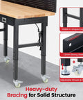 Beefy Heavy Duty Rolling Garage Workbench With Adjustable Height And 2000 Lbs Capacity, close-up of metal legs and wheels.