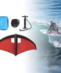Inflatable Surfing Wing For Wind Wing Foiling And Kitesurfing, Tough Polyester with TPU, shown with accessories and ocean