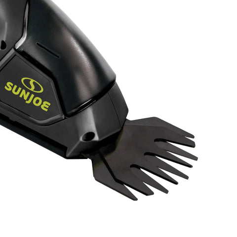 Close-up of 2-In-1 Cordless Grass Shears And Hedge Trimmer For Quick Edging And Shrubs, focusing on steel blades.