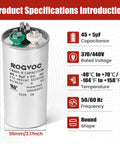 Dual Run AC Capacitor 45 Plus 5 UF 370 440V CBB65 UL Listed, size and specifications detailed for HVAC systems.