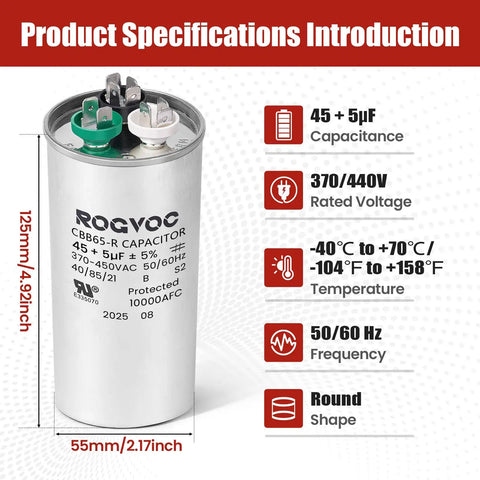 Dual Run AC Capacitor 45 Plus 5 UF 370 440V CBB65 UL Listed, size and specifications detailed for HVAC systems.