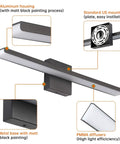 Diagram of Black 24 Inch Vanity Light Fixtures with matte black finish, aluminum housing, and 6000K PMMA diffusers for bathrooms.