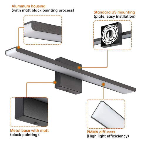 Diagram of Black 24 Inch Vanity Light Fixtures with matte black finish, aluminum housing, and 6000K PMMA diffusers for bathrooms.