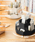9 Slot 360 Degree Rotating Pencil Holder Desk Organizer in black with stationery items on a wooden desk, ideal for office use