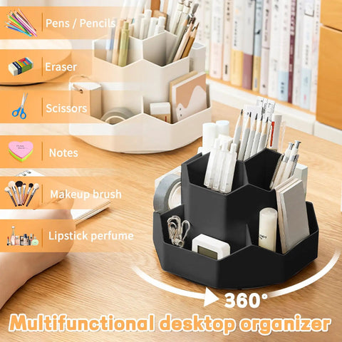 9 Slot 360 Degree Rotating Pencil Holder Desk Organizer in black with stationery items on a wooden desk, ideal for office use