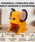 Slick Cordless Mini Bench Grinder With 70mm Wheel And 5500 RPM For Quick Sharpening And Polishing Jobs Around The Shop No Wire Hassle Just Drop Your 18V Pack And Roll, showcasing dual grinding wheels and compact design.