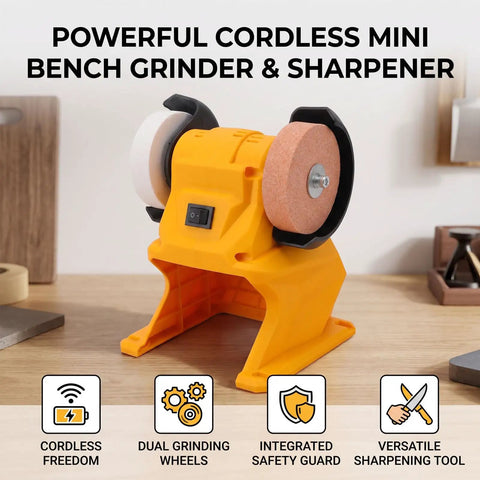 Slick Cordless Mini Bench Grinder With 70mm Wheel And 5500 RPM For Quick Sharpening And Polishing Jobs Around The Shop No Wire Hassle Just Drop Your 18V Pack And Roll, showcasing dual grinding wheels and compact design.