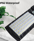 JUDYSSY 150W Solar Street Light showing IP66 waterproof feature with LED beads and rain in the background.