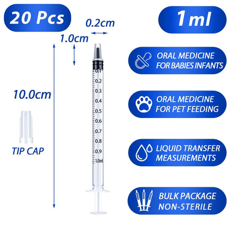 20 Pack 1ml Syringes With Cap For Liquid 1cc Plastic Small Syringes With Covers Non Sterile No Needle Great For Medical Dosing Lab Crafts Diy Projects. 1ml plastic syringe with tip cap, 20 pcs, 10cm length, non-sterile, no needle