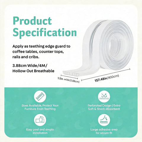 Baby Furniture Edge Protector Crib Rail Teething Guard With Plush Foam Bumpers For Toddler Safety, 3.88cm wide, 4M long, breathable.
