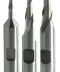 Three Drill America HSS end mills with 3/8 in shanks, 2-flute, sizes 1/8 in, 3/16 in, and 1/4 in front view.
