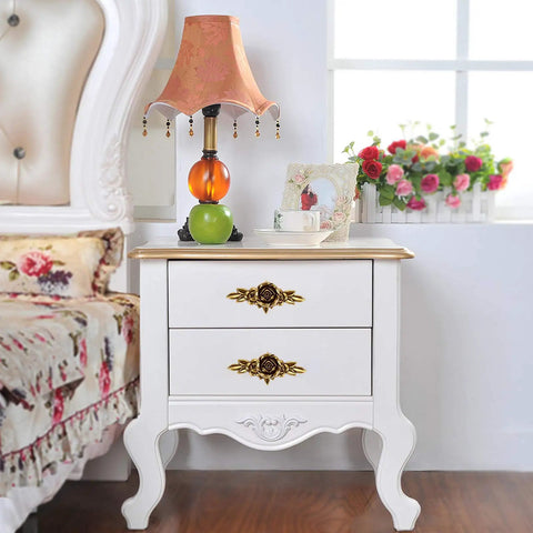 Dresser with Euro Rose Floral Ivory Cabinet Knobs With Backplates Set Of 5 Drawer Pulls for bedroom decor.