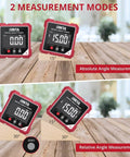 4-Side Magnetic Digital Angle Finder With Laser Helping Pros And DIYers Nail Tricky Angles With Blazing Speed showing absolute and relative angle measurements.