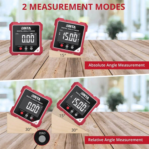 4-Side Magnetic Digital Angle Finder With Laser Helping Pros And DIYers Nail Tricky Angles With Blazing Speed showing absolute and relative angle measurements.